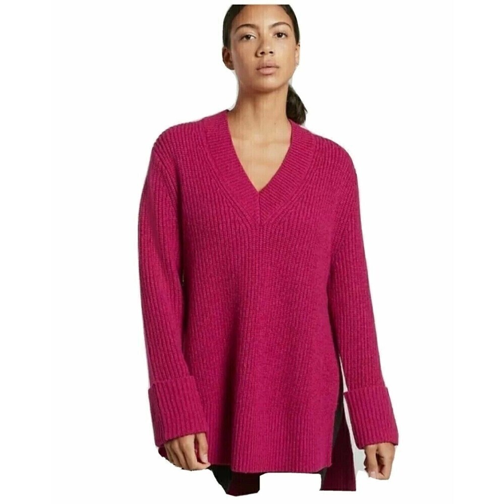 Athleta Shasta Wool Sweater V Neck Oversized chunky cabincore Size XL Pink - Picture 2 of 13